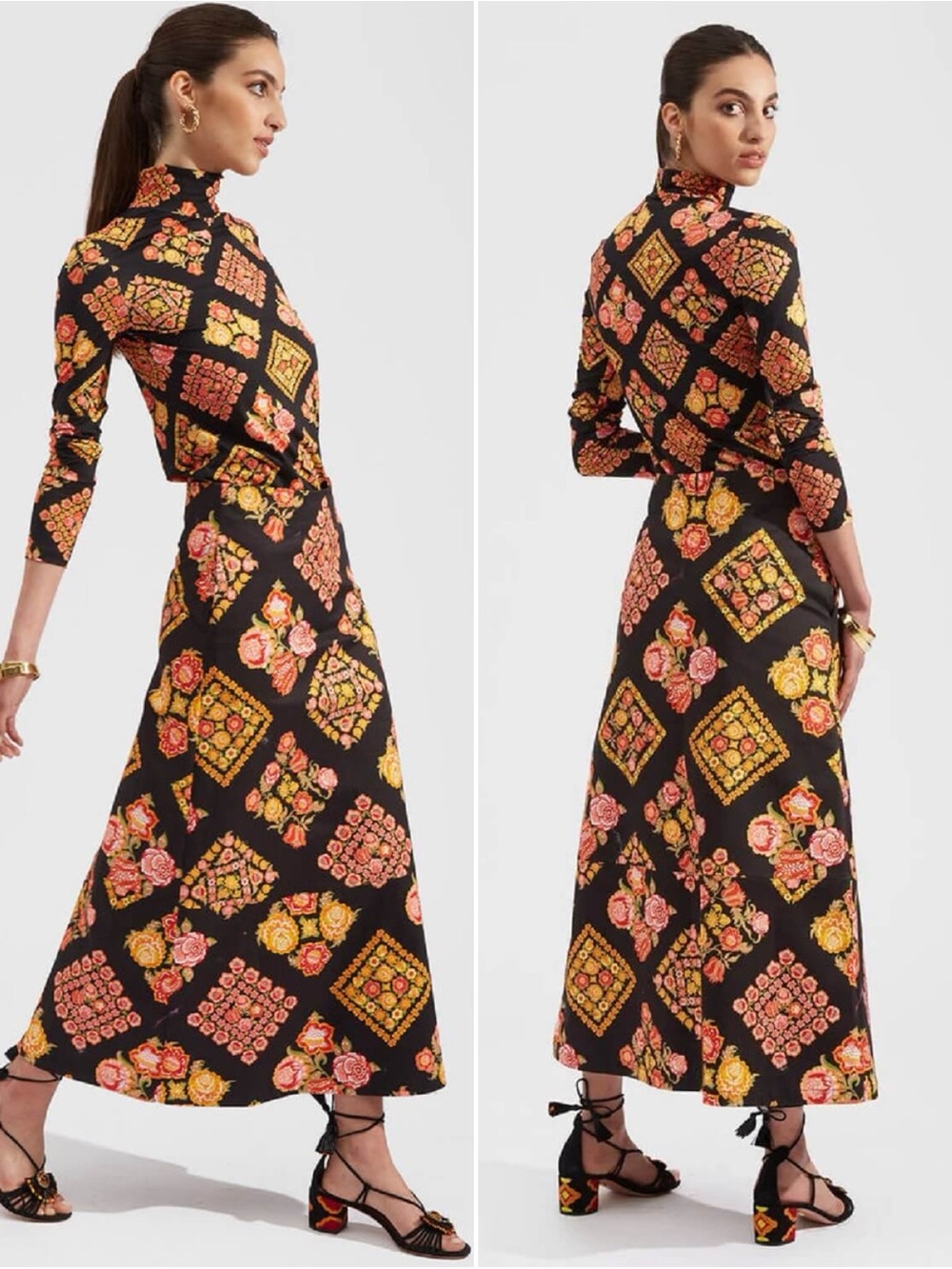 La DoubleJ Heavy Cotton Stretch A-Line Maxi Skirt Floral Nero Size L New